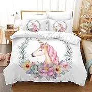White Floral Unicorn Quilt Doona Duvet Cover Set Single Double Queen King Size Available Double, 2 Pillow Cases