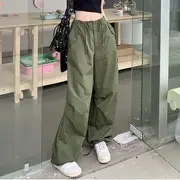Drawstring Waist Plain Wide Leg Parachute Pants Army Green - L