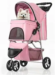 MoNiBloom 3-Wheels Foldable Pet Stroller with Waterproof Cover, Pet Strolling Cart for Small/Medium Dogs and Cats with Storage Basket and Cup Holder, Breathable and Visible Mesh for All-Season, Pink