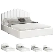 ALFORDSON Bed Frame with Gas Lift Storage Base King Size, Bed Platform Foundation with PU Leather Upholstered Tufted Headboard for Mattress Topper, Milton White