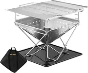 [SAN HIMA] Portable Camping Fire Pit 43CM x 43CM with Handle - Adjustable Grill & Side Plates Heavy Duty 304 Stainless Steel Foldable Firepit with Carrying Bag for Outdoor Camping BBQ