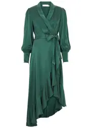 Zimmermann Ruffled Silk-satin Midi Wrap Dress - Green - 4 (UK 16 / XL) 4 (UK 16 / XL)