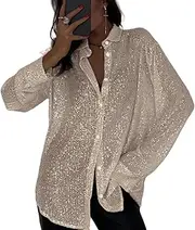 [MOSSTYUS] Womens Sequins Long Sleeve Collared Shirt Button Down Open Front Shirt Loose Blouses Shirts Tops