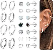 [Jstyle] Hypoallergenic Surgical Steel Earrings Stainless Steel Flat Back Stud Hoop Earrings for Women Men Small Opal Ball CZ Cartilage Earring Silver Gold jewelry Set