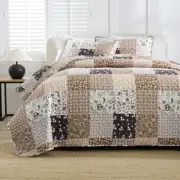 Quilt Set Boho Patchwork Bedspread Floral Coverlet Reversible Plaid Queen Brown