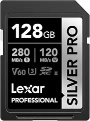 Lexar Silver PRO SD Card 128GB, UHS-II SD Memory Card, V60, U3, C10, Up to 280MB/s Read, 120MB/s Write, SDXC Card for DSLR/Camera/Professional Photographer/Videographer/Enthusiast (LSDSIPR128G-BNNAA)