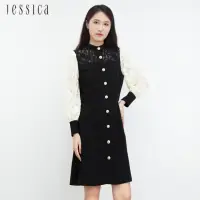 在飛比找momo購物網優惠-【JESSICA】復古刺繡蕾絲拼接撞色長袖洋裝J30462