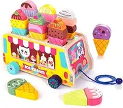 HELLOWOOD Wooden Ice Cream Truck, 28 pcs Ice Cream Sweet Treats Pretend Play Food & Accessories, Montessori Sorting & Stacking Toys for Toddler Girls & Boys Age 2-5…