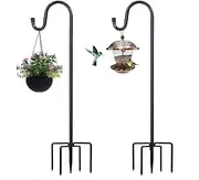 Outdoor Shepherds Hook with 5 Prong Bases, Black, 2 Packs, 60 inches Tall, Garden Hanging Stake for Bird Feeder, Solar Light, Plant Hanger, Wedding Decor, Metal Hanger Hooks