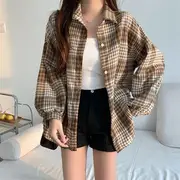 Puff-Sleeve Plaid Button-Up Shirt / Plain Camisole Top Shirt - Normal - Plaid - Khaki - One Size