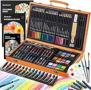 Shuttle Art Deluxe Art Set, Art Supplies in Wooden Case, Painting Drawing Art Kit with Acrylic Paint Pencils Oil Pastels Watercolor Cakes Coloring Book Watercolor Sketch Pad for Kids Adults