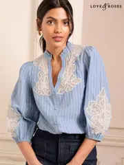 Love & Roses Blue Stripe Pie Crust Detail 3/4 Sleeve Blouse (AL2816) | $97