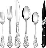 EUIRIO 48 Pieces Royal Silverware Set for 8, Gorgeous Retro Flatware Set with Steak Knives, Premium Stainless Steel Vintage Cutlery Utensils Set with Forks Spoons and Knives, Dishwasher Safe