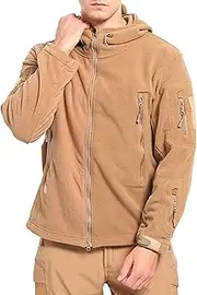 [Generic] Men's Fleece Multi Zip-Pockets Jacket Plush Tactical Hooded Jackets Soft Shell Military Windproof Coat, Khaki Color, Medium