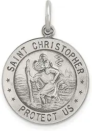 [JewelryWeb] 925 Sterling Silver Solid Satin Reversible Artisan Oxidized St. Christopher Medal Charm Soccer 23x18mm Wide Pendant Necklace for Women