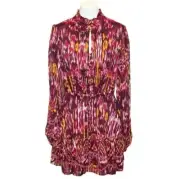 HOUSE OF HARLOW 1960 Burgundy Chiffon Ruffle Neck Long Sleeve Mini Dress Size 12