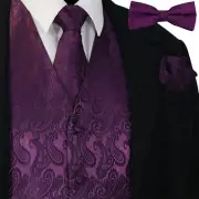 Dark Purple Men Paisley Tuxedo Dress Vest Waistcoat & Necktie, Bowtie And Hanky