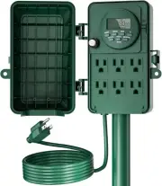7 Day Heavy Duty Outdoor Digital Stake Timer, 6 Outlets, Programmable Timer