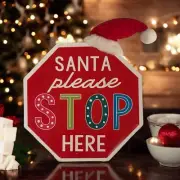 Christmas Santa Stop Here Wood Rustic Vintage Stop Sign Shaped Table Decor