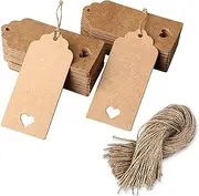 100 Pcs Kraft Paper Gift Tags with 110 Root Natural Twine String, 4.5x9cm Heart Hollow Paper Cards, Treats Tag, Price Hang Tags, Double-Sided Available Kraft Paper Cards for DIY Gifts Crafts (Yellow)