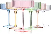 Colored Coupe Glasses Set of 6 Vintage Art Deco Colorful Champagne Coupe glasses 9 oz,Ribbed Martini Cocktail Glasses|Colored Cocktail Glasses Set for Espresso,Martini,Champagne