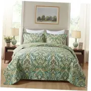 Cotton Bedspread Quilt Sets-Reversible Patchwork Queen European Green Floral