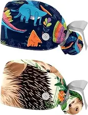 [YTYVAGT] 2-Pc,Nurse Scrub Caps,Scrub Hats with Buttons and Cotton Sweatband,Blue Abstract Animal Seamless Pattern