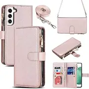 iCoverCase for Samsung Galaxy S22 Wallet Case with Card Holder, Kickstand Feature PU Leather Case with Adjustable Crossbody Lanyard Magnetic Clasp Zipper Pocket Flip Cover (Rose Gold)