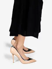 Beige & Black Leather Pointed Pumps