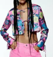 ZARA Satin Pink Floral Front Tie Crop Top Boho Hippie Long Sleeves Small NWT