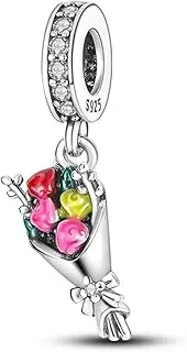 [Mon & Sons] Bouquet Of Flowers Celebration Roses Lillys Charm Bead Pendant 925 Sterling Silver Dangle Compatible With Pandora Charm Bracelet, Metal