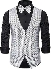 [HEYDHSDC] Men'S Gold Sequin Vest Single-Breasted V-Neck Sleeveless Vests Coat,Wedding Party Waistcoat Silver Xl