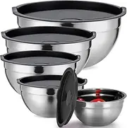 Mixing Bowls with Lids Set of 5, Stainless Steel Mixing Bowl Salad Bowl Set, Non-Toxic & Durable, Colorful Nesting Metal Mixing Bowls for Prepping, Baking and Serving (Black-5 Pcs)