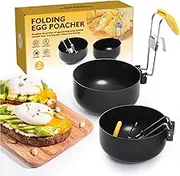 Foldable Egg Poacher Set- KRGMNHR 2025 New Poached Egg Cooker Non-Stick Poached Bolied egg Make Cups, 18/10 Poached Egg Spoon with stainless steel handle and a hook (2 Pack, Black)