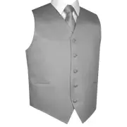 MEN'S PLATINUM SATIN TUXEDO VEST TIE & HANKIE SET Wedding Formal Prom Homecoming