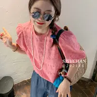 在飛比找蝦皮購物優惠-韓國chic夏季新款圓領泡泡短袖愛心蕾絲縷空短袖女裝上衣