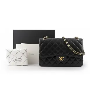 【CHANEL 香奈兒】金色CC Logo 菱格紋荔枝牛皮JUMBO COCO包 30cm_展示品(黑色)/平行輸入