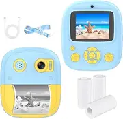 Instant Print Camera Digital Camera 1080P Digital Video Camera Dual Lens 2.4 Inch IPS Screen 8X Built-in Battery P Frames with 3 Rolls Thermal Printing Paper Neck Strap Birthday Blue