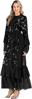 [Bewellan] Sequin Open Abaya Kimono Dubai Muslim Dress Abayas for Women Hijab Dress Islam Moroccan Kaftan Turkish Islamic Clothing Caftan Black Cardigan S