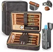 Tesonway Cigar Humidor, Travel Humidor Cigar Box and Cigar Lighter, Leather Cigar Case with Cedar Wood Tray, Hygrometer, Humidifier, Portable Cigar Humidor Cigar Accessories for Men, Holds 7 Cigars