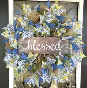 25" Blessed Lemons Blue Floral Spring Summer Deco Mesh Wreath Farmhouse Cottage