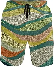[GuoChe] Mens Swim Trunks Waves Dots Bohemian Patchwork Green Quick Dry Bathing Suits Sports Running Swim Board Shorts Pants