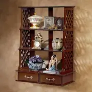 Oriental Open Fretwork Three Shelf Two Drawers Hardwood Wall Mount Curio Cabinet