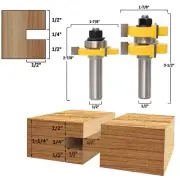 2 Bit 1-1/4" Stock 3 Teeth Adjustable Tongue & Groove Router Bit Set-1/2" Shank