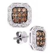 14k White Gold Brown Diamond Square Cluster Stud Earrings 3/4 Cttw