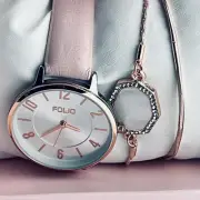 Folio Womens Watch Minimalist Design Matching Bracelet Set New In Box Needs Batt