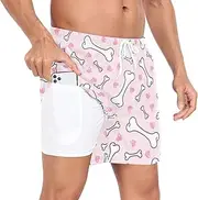 [GuoChe] Men Swim Trunks Men 2In1 Running Shorts Cute Bones Pink Hearts with Pockets and Compression Liner Inseam Mens