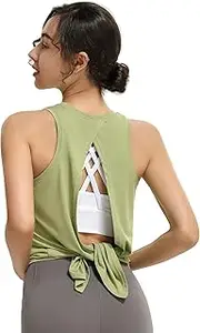 [DREAM SLIM] Workout Tank Tops for Women Tie Back Sleeveless Shirts Open Back Yoga Athletic Clothes Gym Exercise Backless Tank