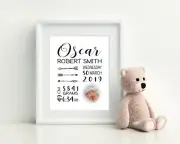 Baby Wall Art, Birth Detail Print, Announcement, Nursery, Keepsake - Boy Boho