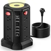 JSEIAJB Extension Cable with 12 AC Power Sockets, 5 and Night Light Surge Protector Power Board Tower